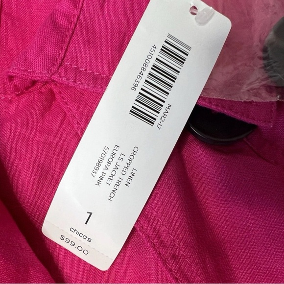Chico’s 100% Linen Cropped Trench Jacket Pink Roll Sleeve Size 1 Small NEW 456 - Picture 2 of 4